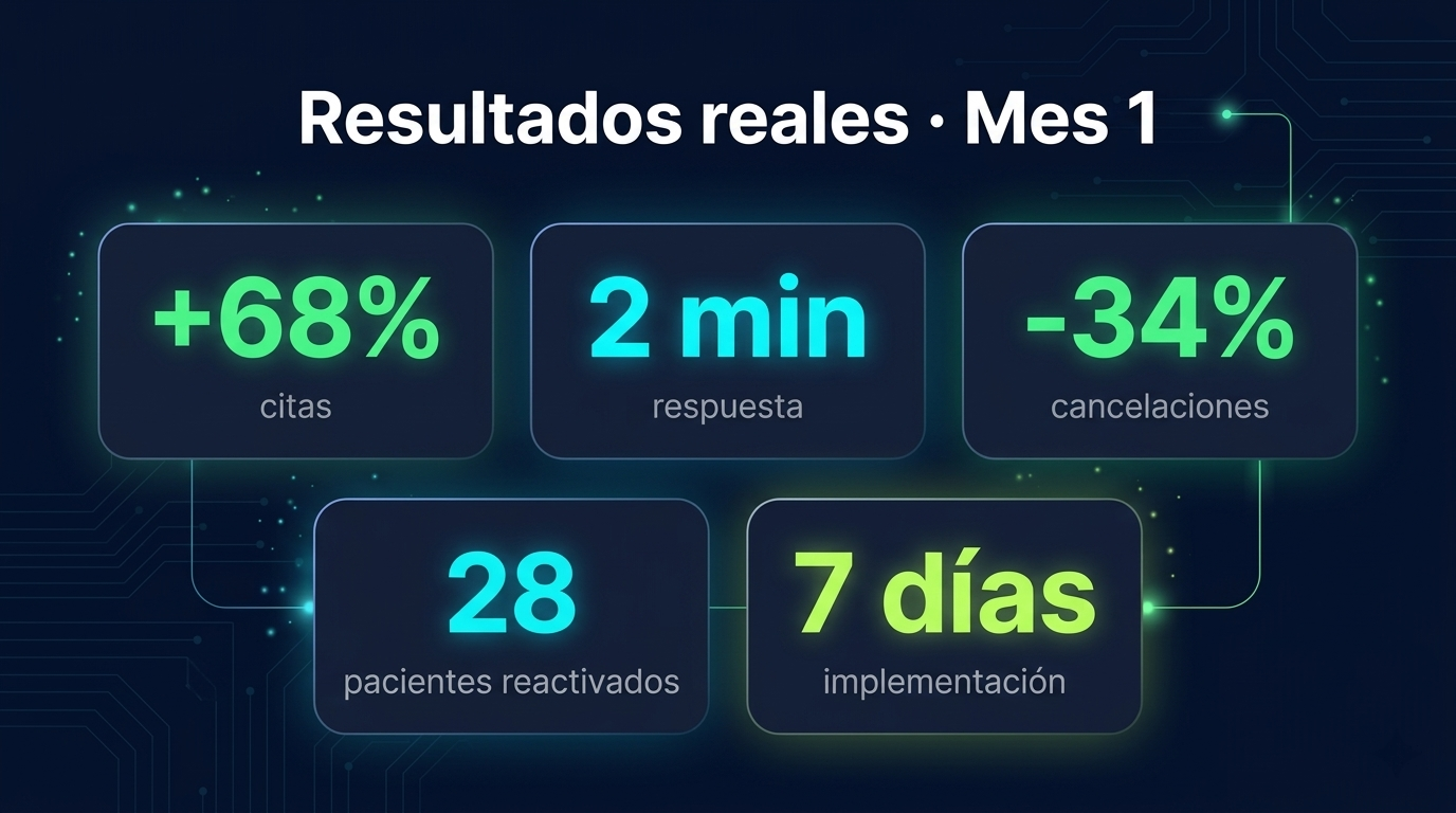 Resultados reales primer mes automatización WhatsApp — +68% citas, 2 min respuesta, 28 pacientes reactivados — Ventiva.ai Colombia