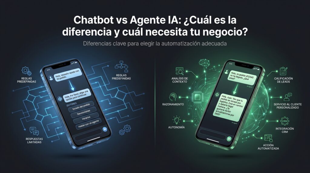 Chatbot vs agente de IA: comparación entre un chatbot tradicional con respuestas predefinidas y un agente de inteligencia artificial capaz de entender contexto y realizar acciones para un negocio.